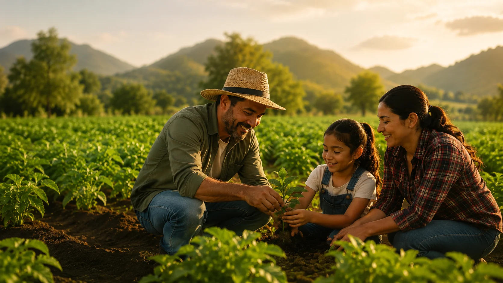 Familia colombiana sembrando una planta juntos en el campo