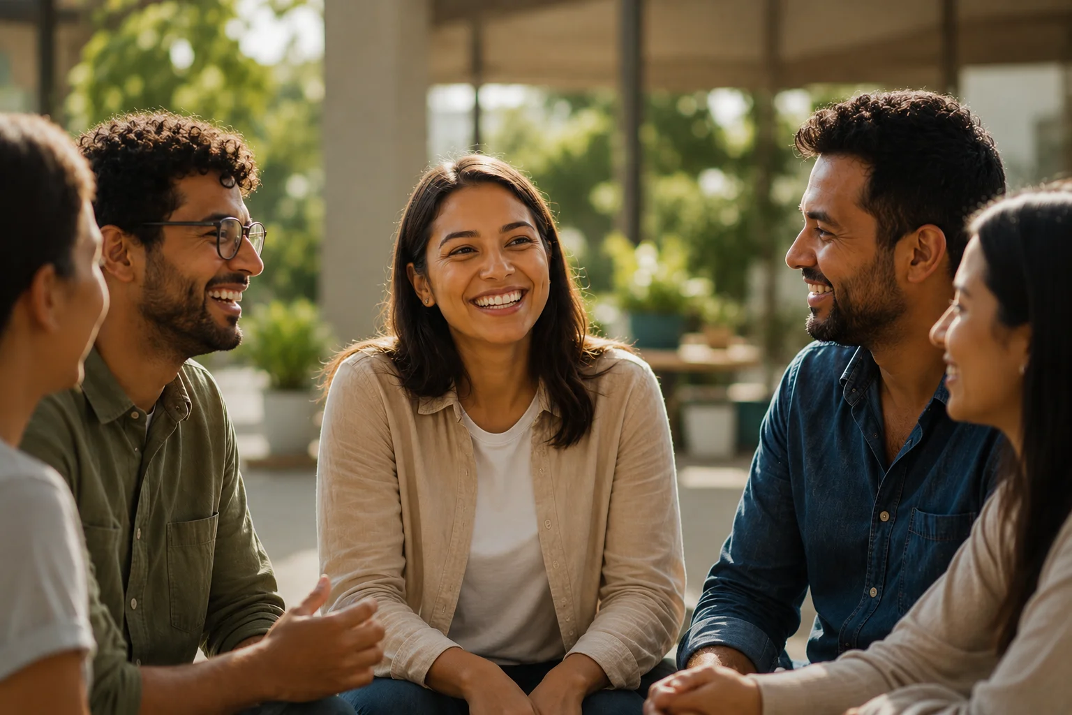 Grupo de personas sonriendo y conversando